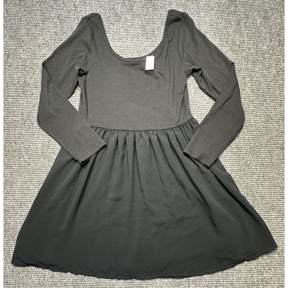 Gap Dress Womens XL Black Fit & Flare Long Sleeve Scoop Neck‎ Lined Knit Bodice